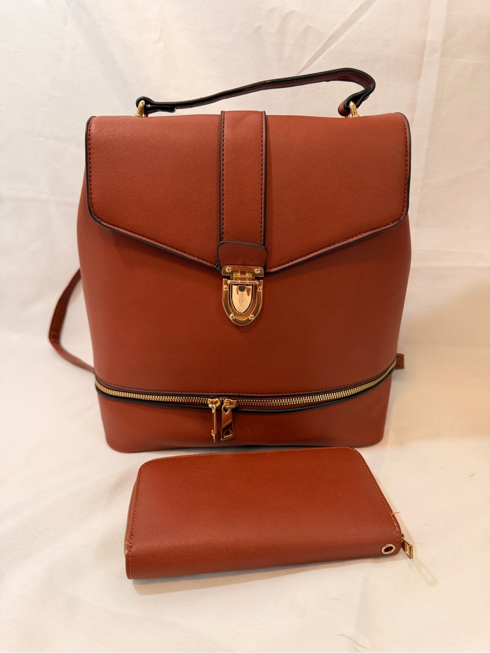 Brown Convertible Backpack Purse Handbag + Matching Wallet Gold Hardware